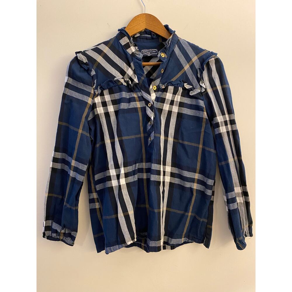 Duffield Lane XS 100% Cotton Blue Teal Plaid Long Sleeve Button Up Top Blouse